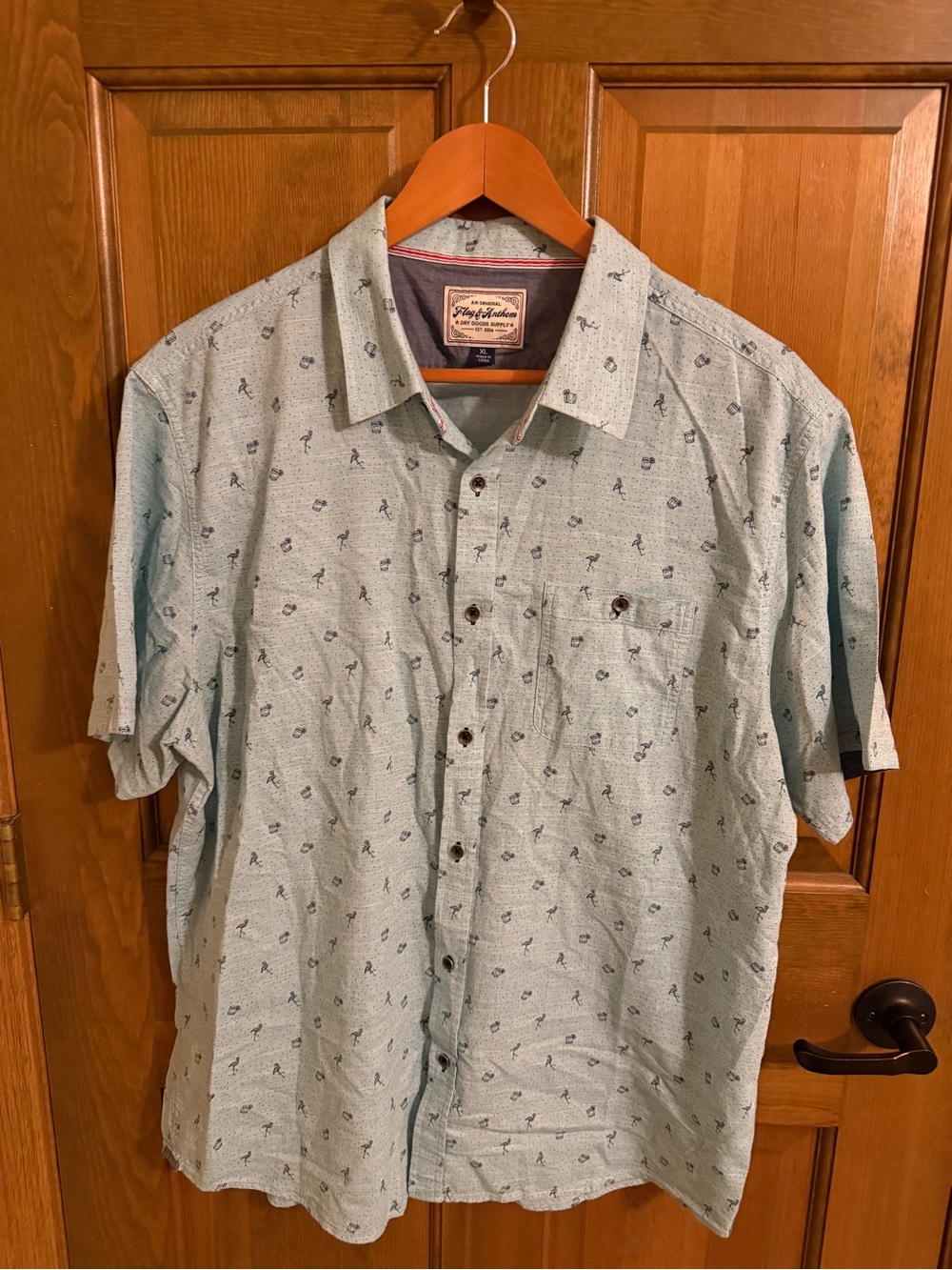 Flag & Anthem Mens XL Light Blue Flamingo Cocktail Short Sleeve Shirt Beach
